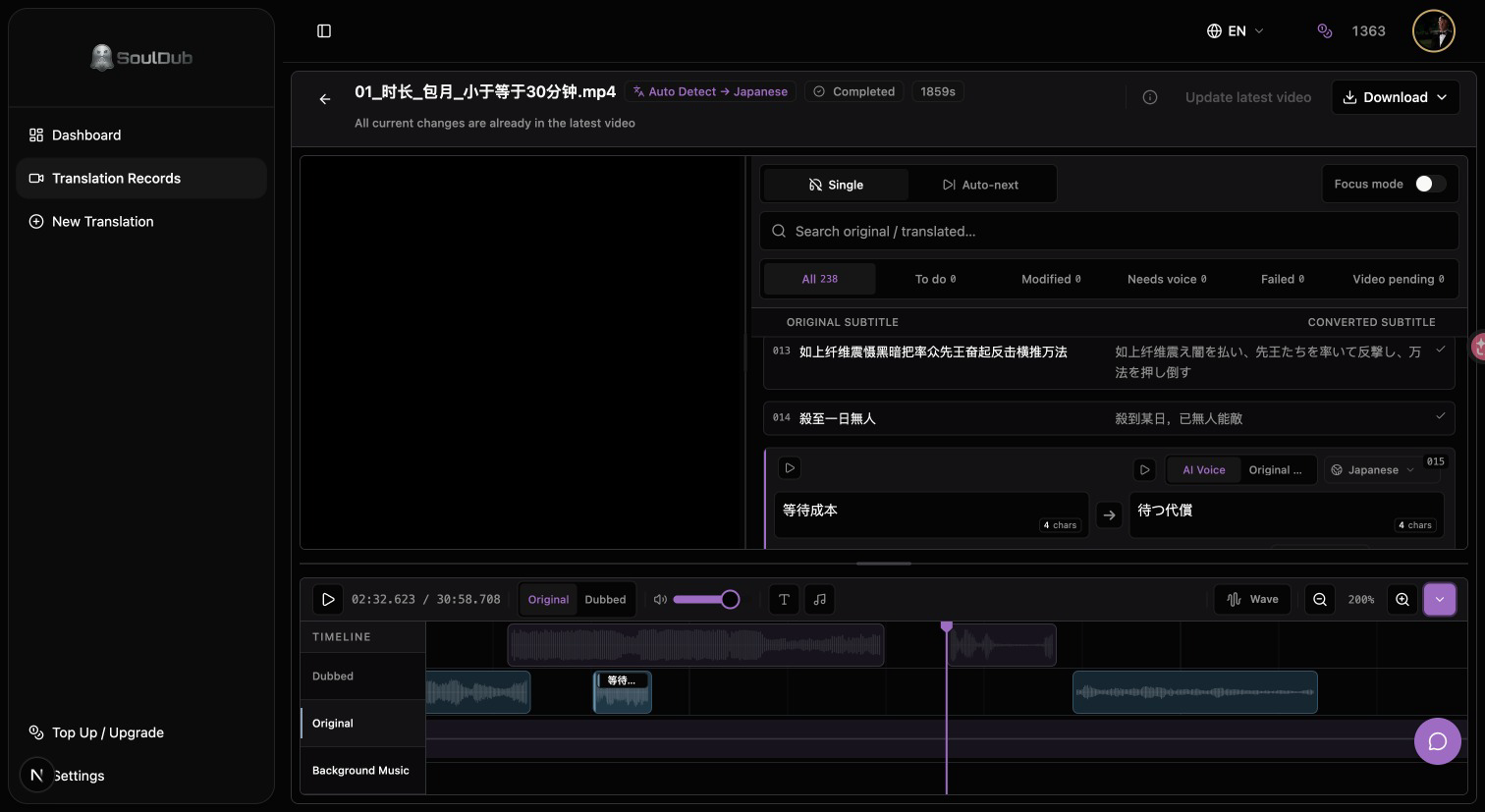 SoulDub subtitle editing interface