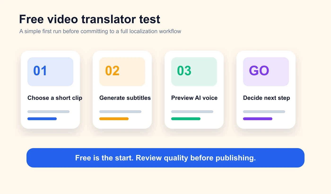Gratis videotranslationstestproces: Upload, genkendelse, oversættelse, forhåndsvisning